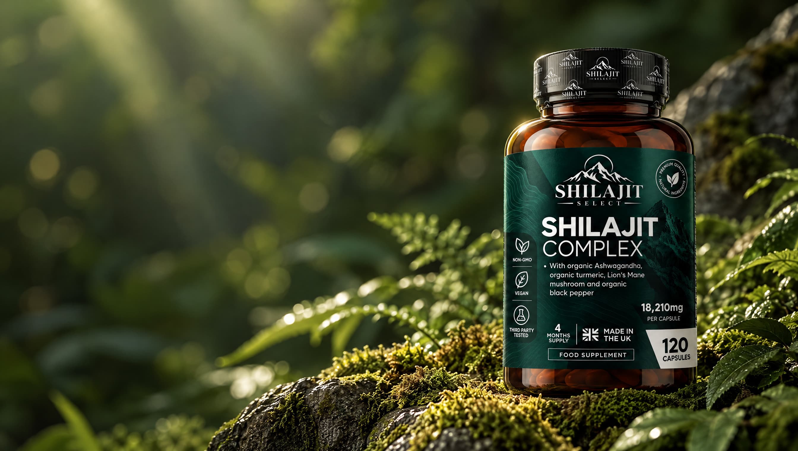 Shilajit Select Complex op een met mos begroeide rots