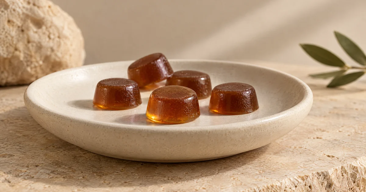 Bernsteinfarbene Gummibärchen auf einem Keramiktablett, als allgemeine Veranschaulichung der Form des Kauprodukts.